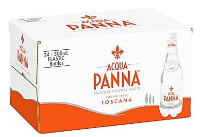 A pack of Acqua Panna natural mineral water in a white and orange box, indicating 24 bottles of 500ml each.